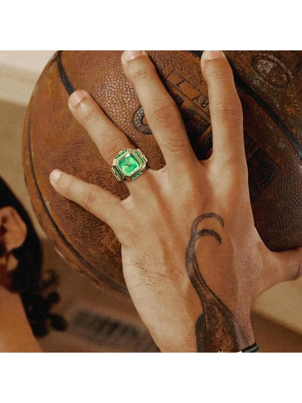 Unisex Gold Green Analog Quartz Gem Cut Lab Grown Sofia Prism Finger Ring Watch